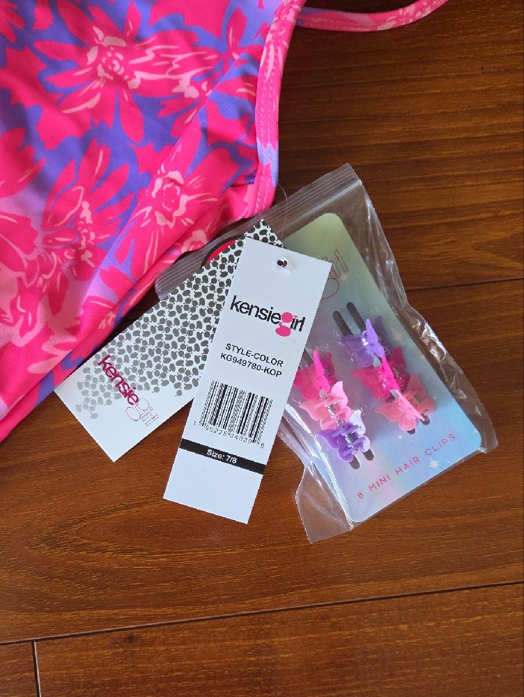 Kensie Girls Pink Floral One-Piece Swimsuit With Hair Clips; Size Girls 7/8 — image 3 of 8
